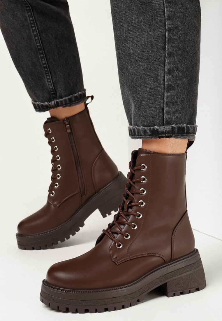 Ciemnobrązowe Botki na Grubej Podeszwie Pavo