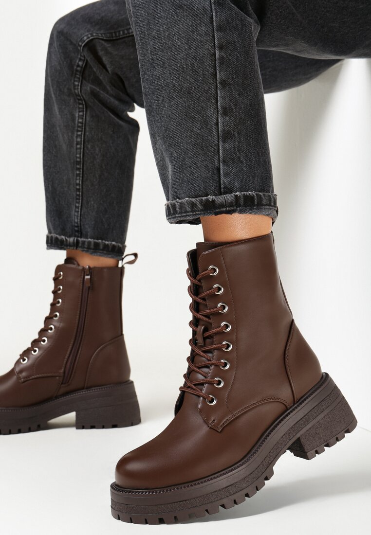 Ciemnobrązowe Botki na Grubej Podeszwie Pavo