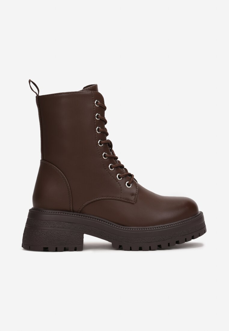 Ciemnobrązowe Botki na Grubej Podeszwie Pavo