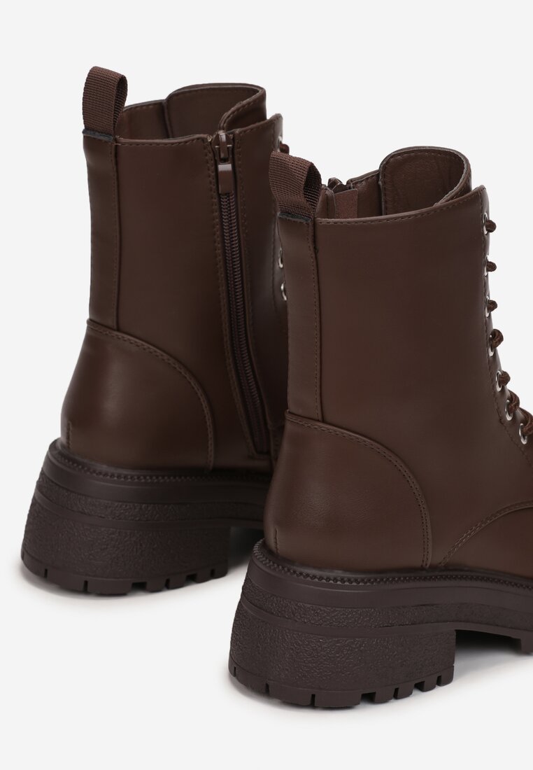 Ciemnobrązowe Botki na Grubej Podeszwie Pavo