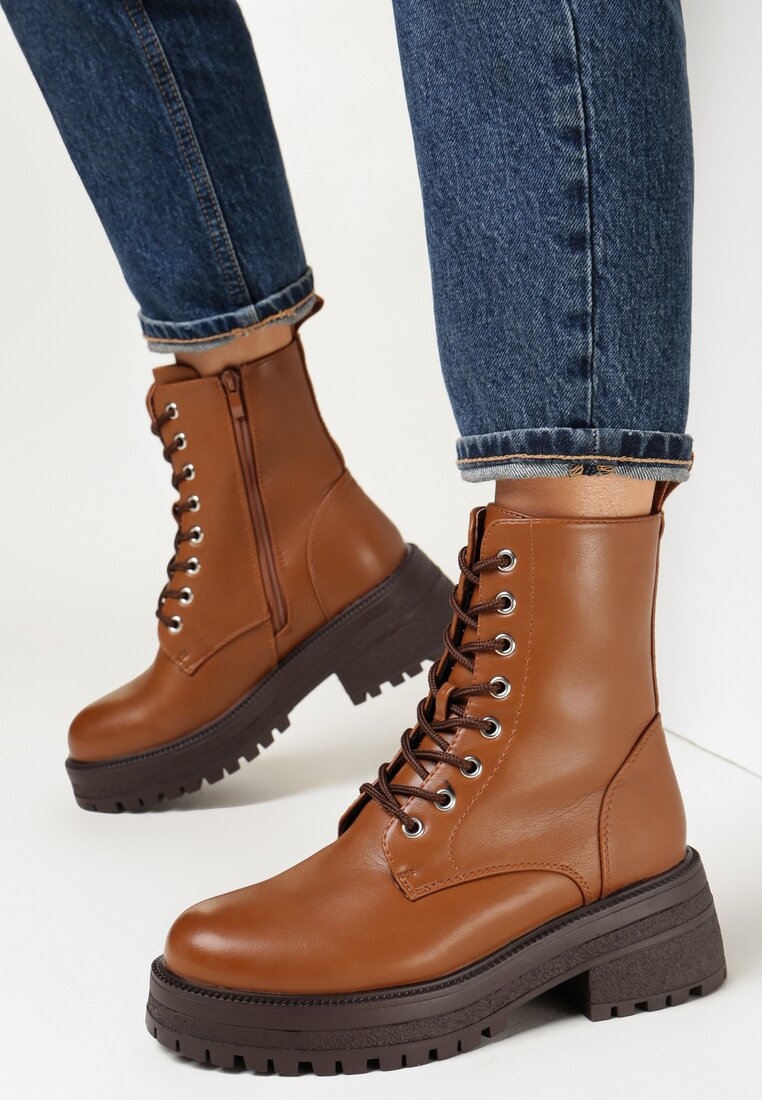 Brązowe Botki na Grubej Podeszwie Pavo