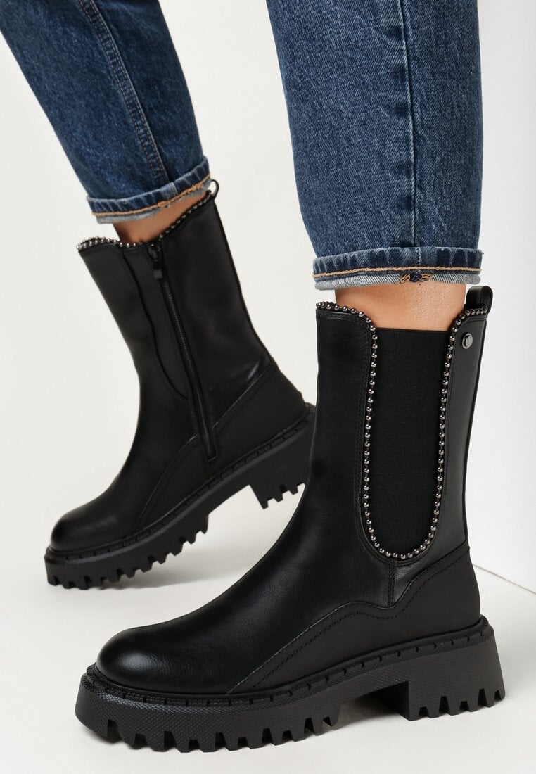 Czarne Botki Sztyblety na Grubej Podeszwie Agnelisa