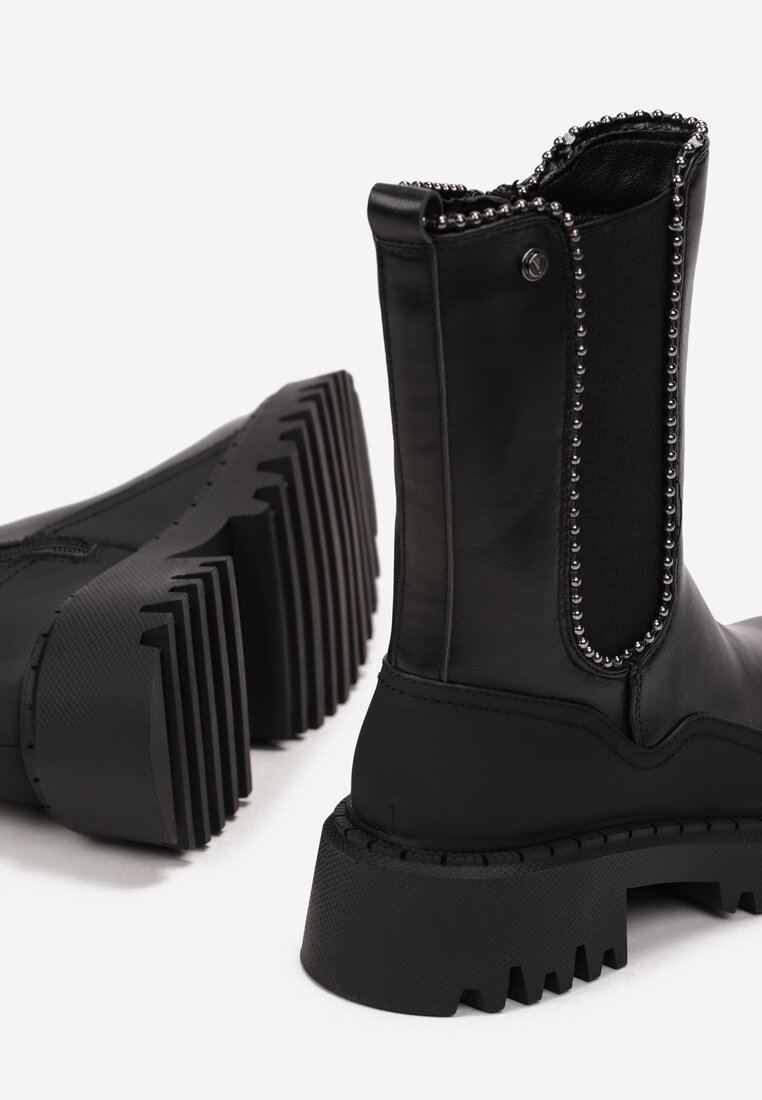 Czarne Botki Sztyblety na Grubej Podeszwie Agnelisa