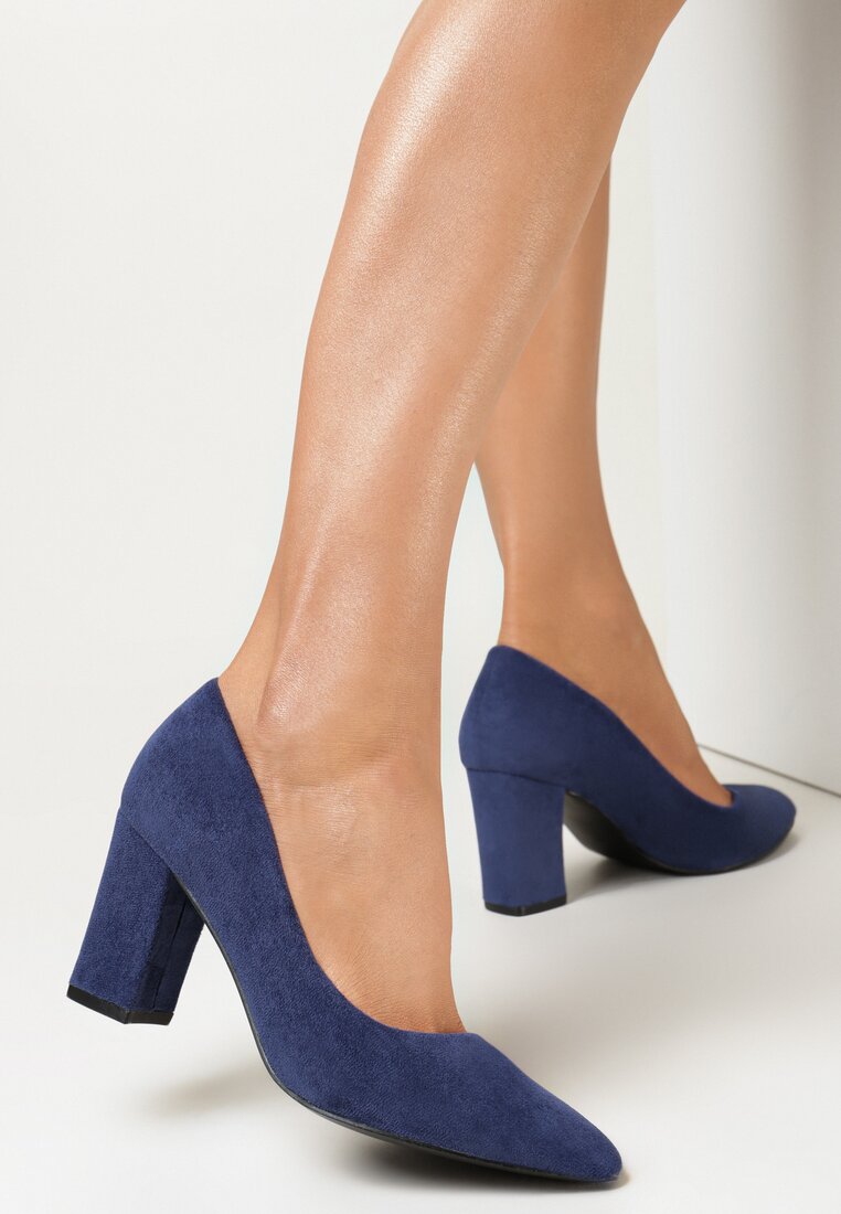 Granatowe Czółenka na Słupku z Wkładką ze Skóry Naturalnej Ramaa