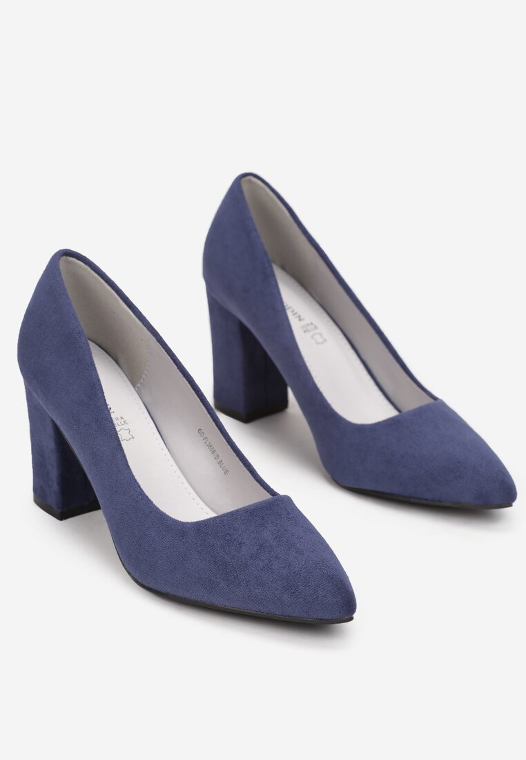 Granatowe Czółenka na Słupku z Wkładką ze Skóry Naturalnej Ramaa