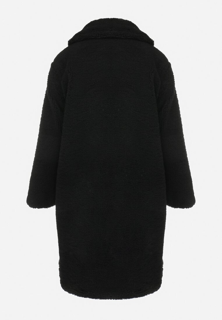 Czarny Płaszcz Oversize z Pluszowego Futerka z Czapką Arrumi