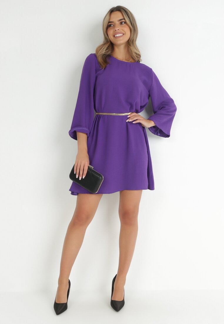 Ciemnofioletowa Sukienka Oversize z Łańcuszkowym Paskiem Kirle