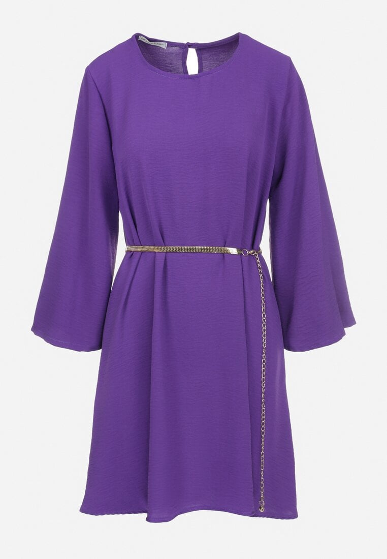 Ciemnofioletowa Sukienka Oversize z Łańcuszkowym Paskiem Kirle