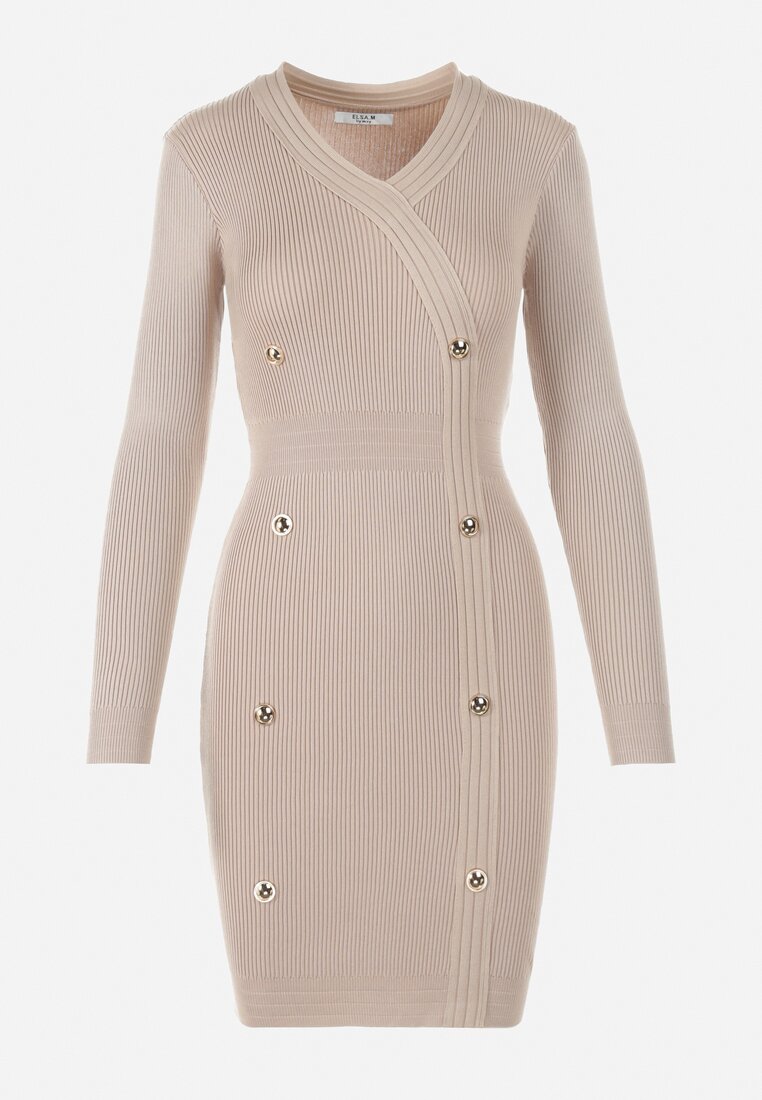 Beżowa Sukienka z Prążkowanej Dzianiny Cayi
