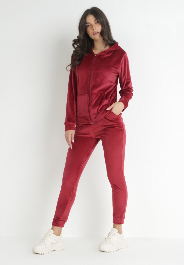 Bordowy 2-częściowt Komplet Dresowy Welurowy Sayo