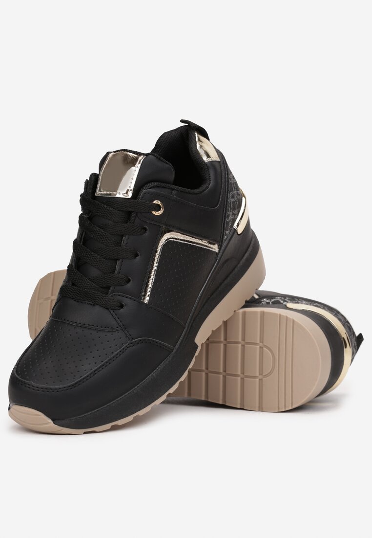 Czarne Sneakersy na Koturnie z Metalicznymi Wstawkami Chayo