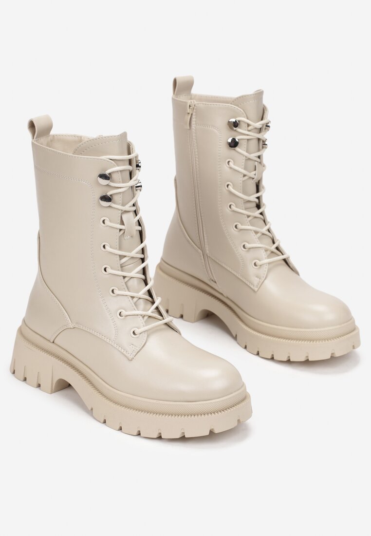 Beżowe Botki Workery ze Sznurowaniem Finno