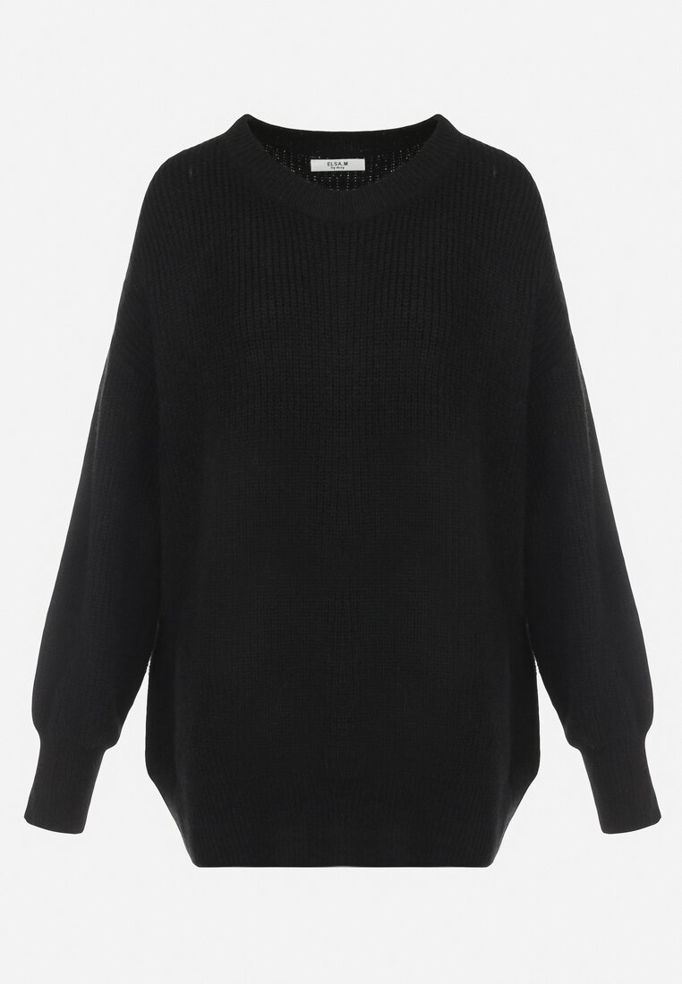 Czarny Sweter Oversize z Okrągłym Dekoltem Ravo