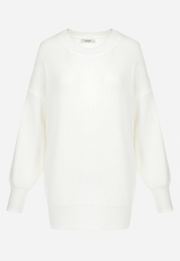 Biały Sweter Oversize z Okrągłym Dekoltem Ravo