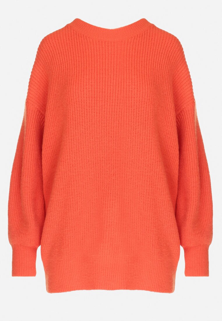 Pomarańczowy Sweter Oversize z Okrągłym Dekoltem Ravo