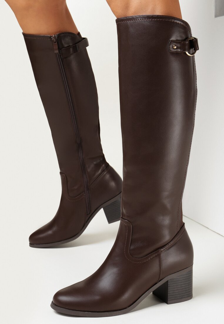 Brązowe Kozaki przed Kolano na Słupku Carlo