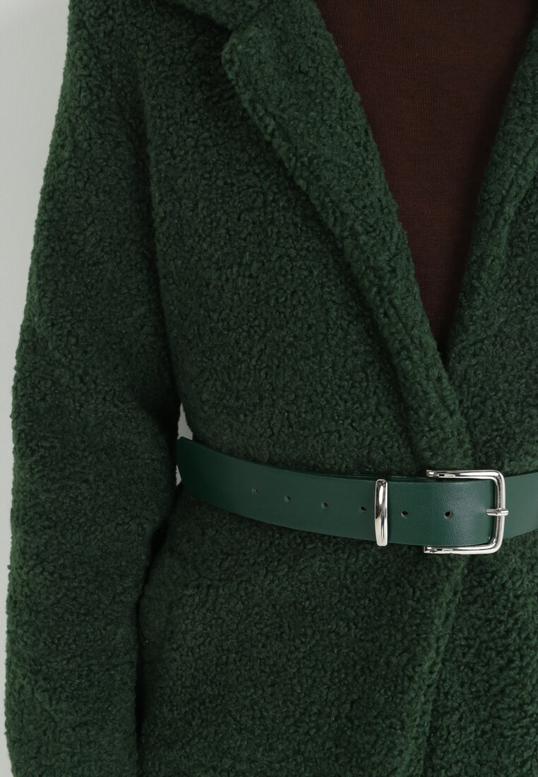 Zielony Płaszcz Jednorzędowy Pluszowy z Paskiem Raphe