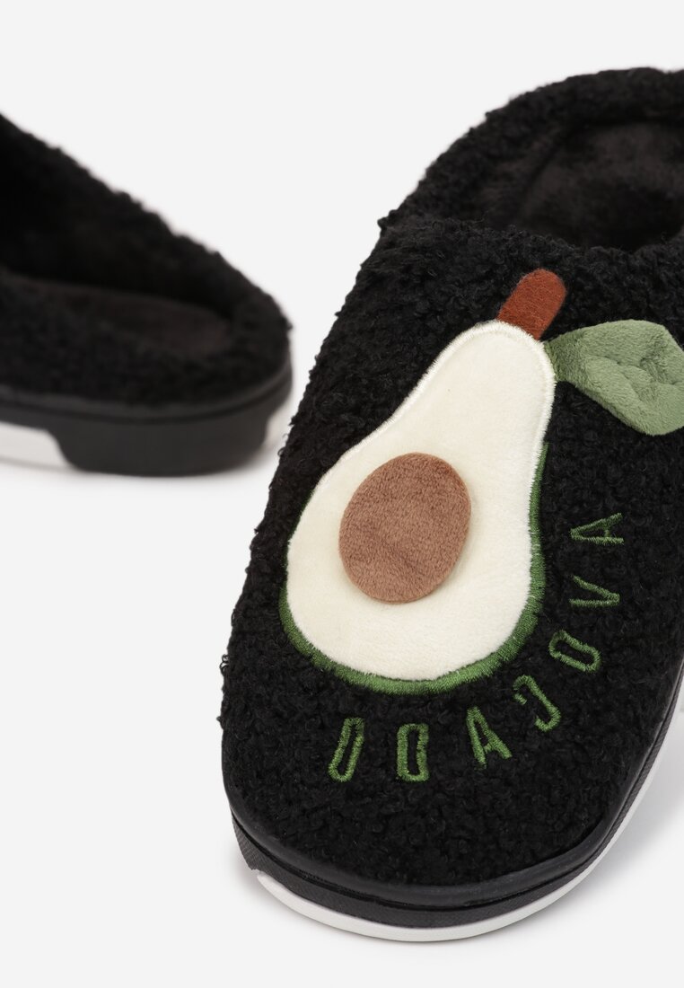 Czarne Kapcie Futrzane z Naszywką Avocado Larochka