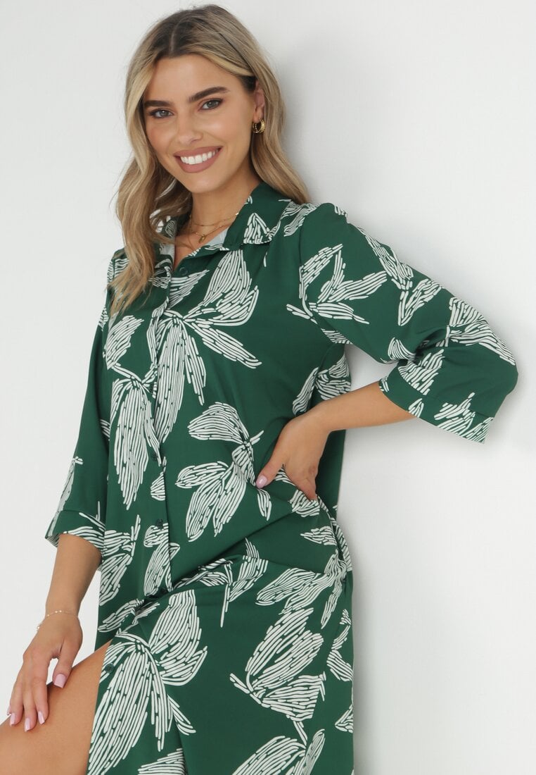Zielona Sukienka Koszulowa w Kwiaty Rahila
