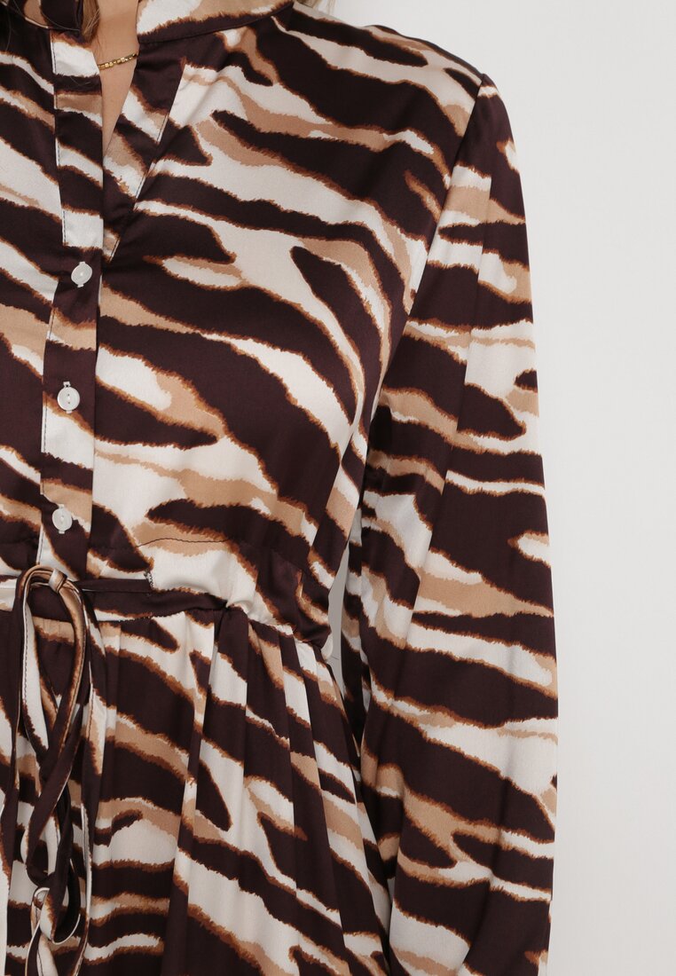 Brązowo-Beżowa Sukienka Rozkloszowana w Tygrysie Paski Ralfi