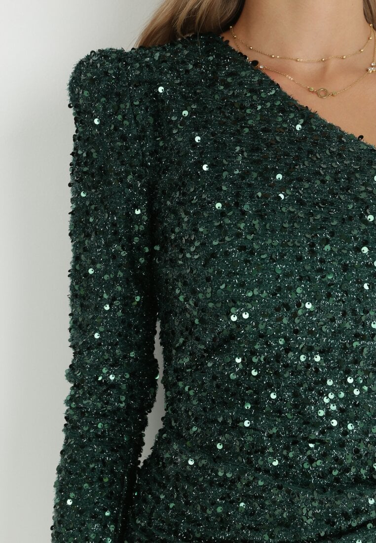 Zielona Sukienka Asymetryczna Cekinowa Ary