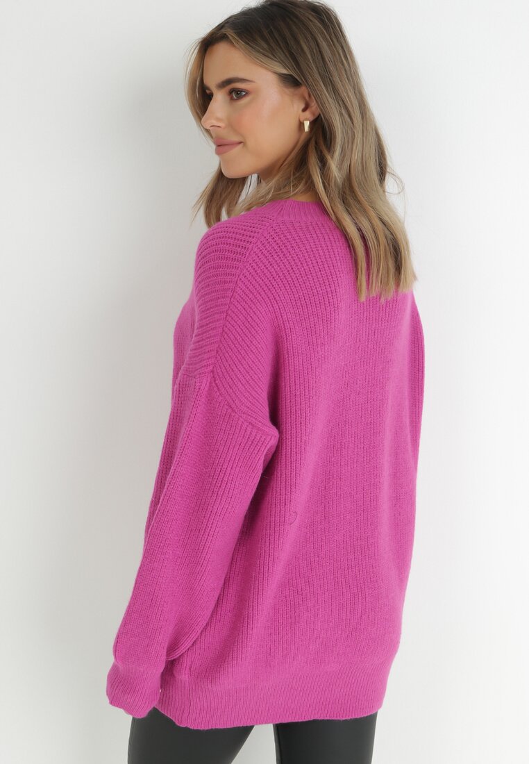 Fuksjowy Sweter Oversize z Okrągłym Dekoltem Ravo
