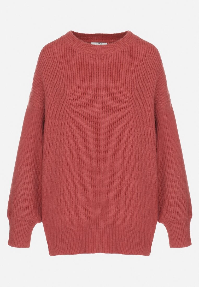 Czerwony Sweter Oversize z Okrągłym Dekoltem Ravo