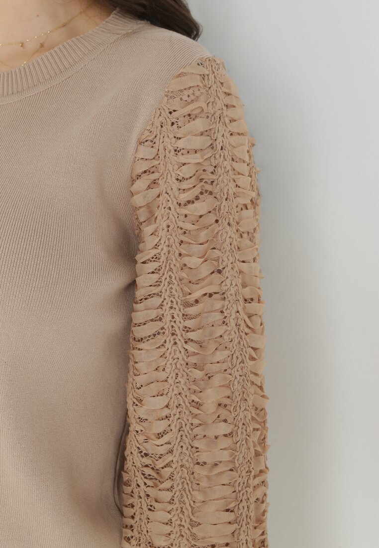 Beżowy Sweter z Bufiastym Ażurowym Rękawem Cayemi