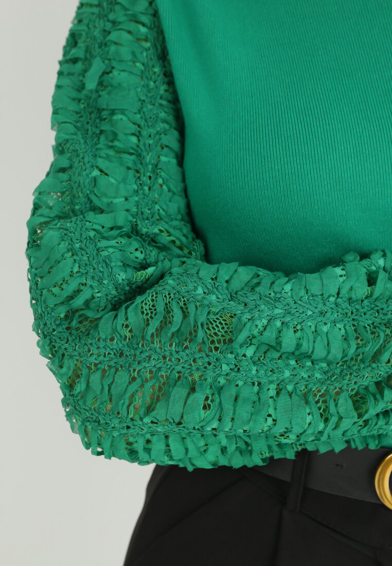 Zielony Sweter z Bufiastym Ażurowym Rękawem Cayemi