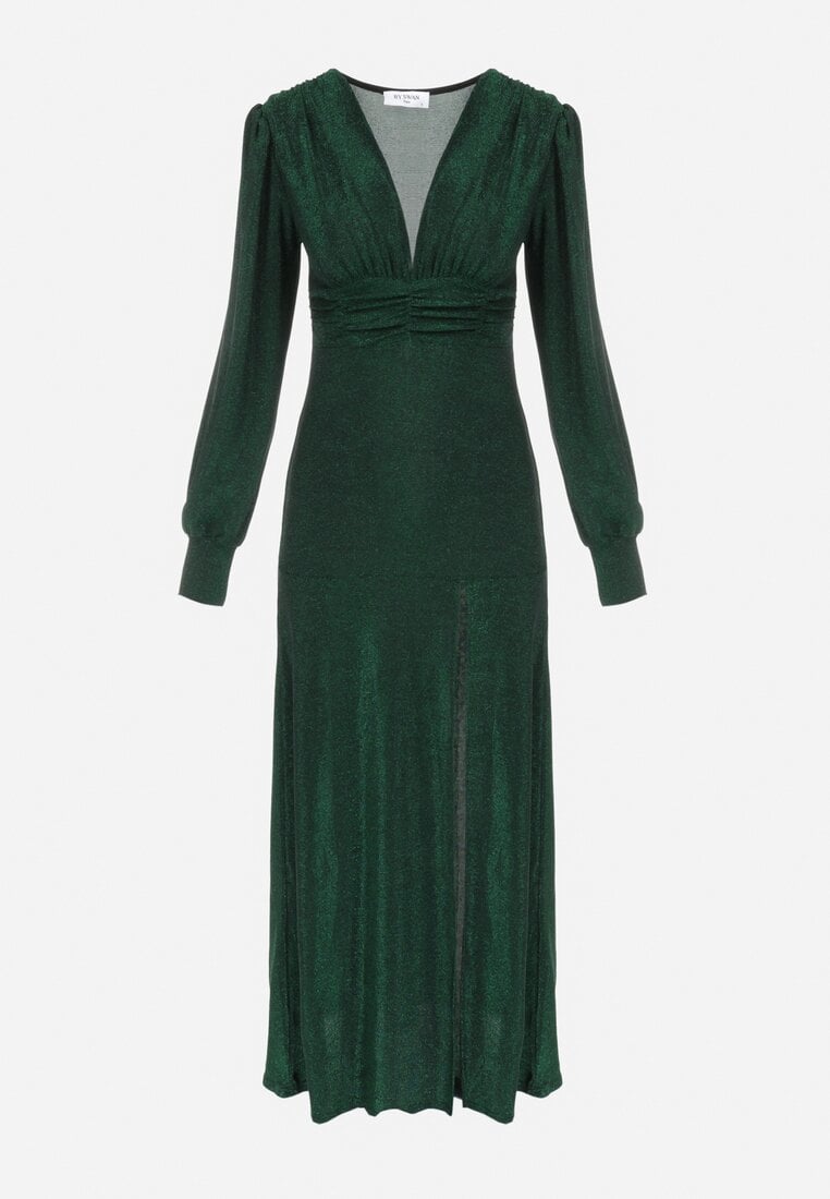 Zielona Sukienka Wieczorowa z Głębokim Dekoltem Olami