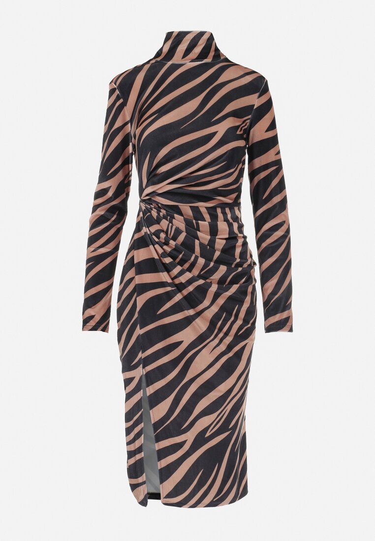 Brązowo-Czarna Welurowa Sukienka w Marmurkowy Wzór z Golfem i Marszczeniem Avia