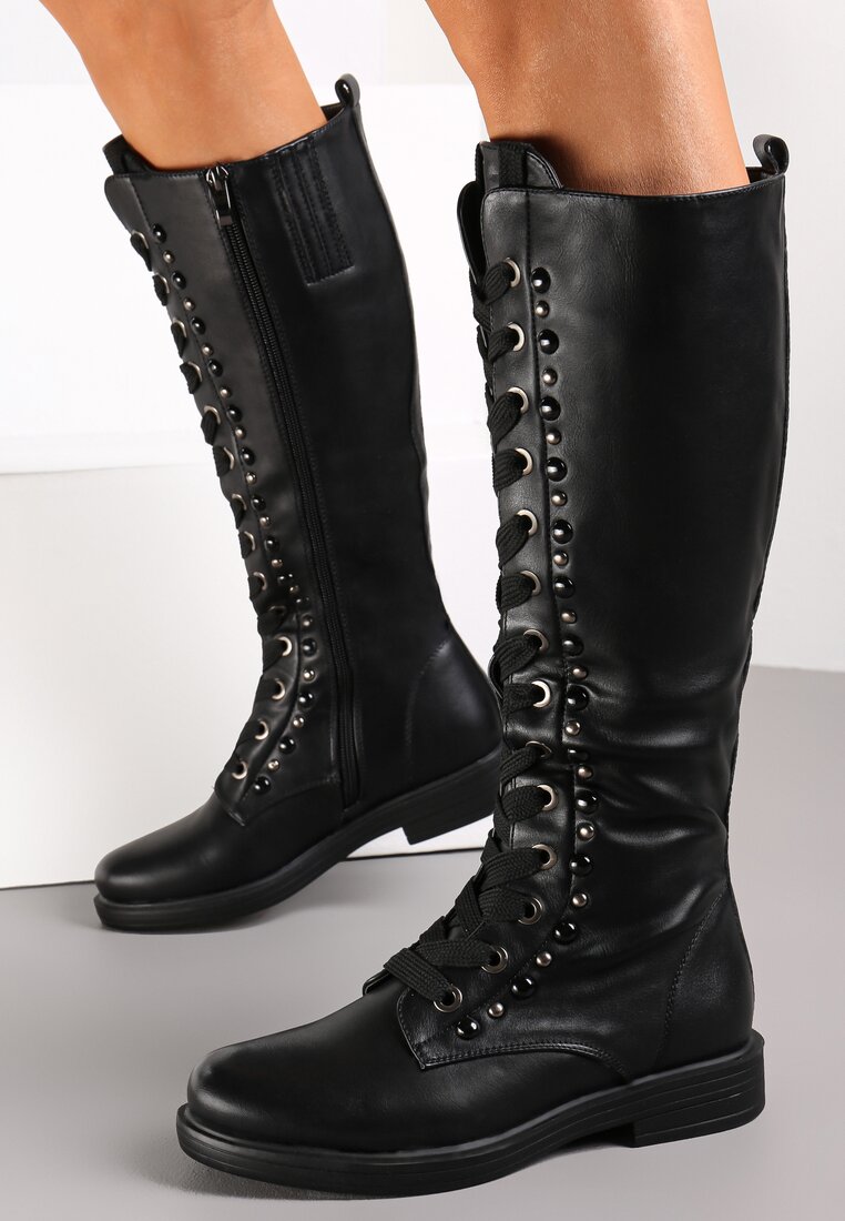 Czarne Kozaki Muszkieterki ze Sznurowaniem Kame