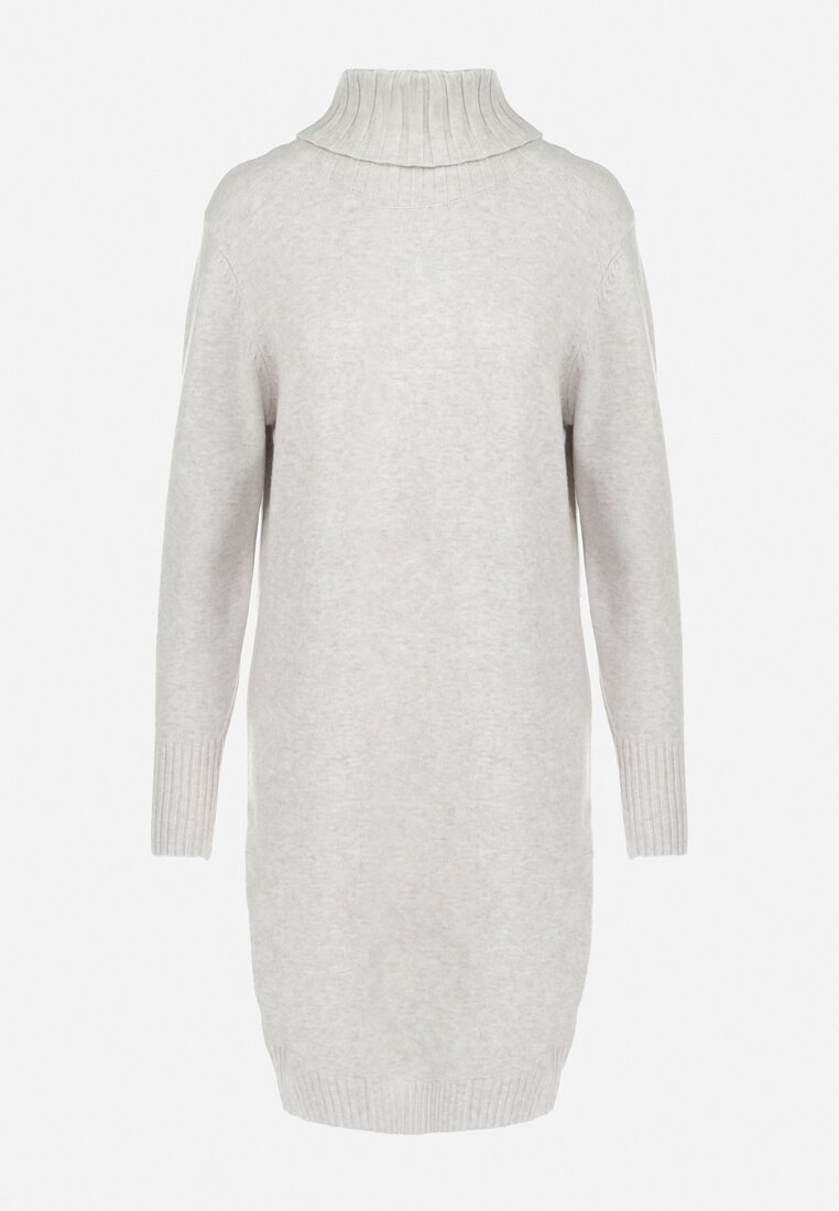 Beżowa Pudełkowa Sukienka Dzianinowa z Golfem Chissa