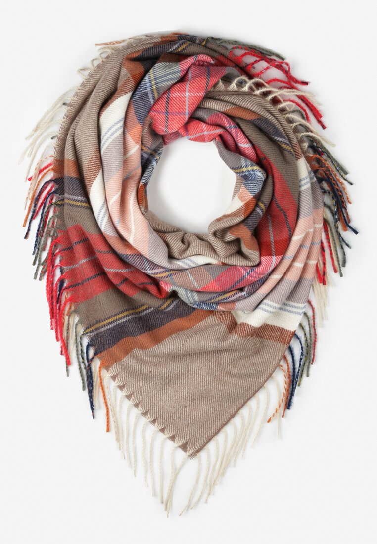 Ciemnobeżowy Szalik z Bawełną i Wiskozą w Kratę z Frędzlami Cako