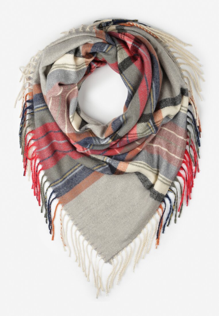 Szary Szalik z Bawełną i Wiskozą w Kratę z Frędzlami Cako