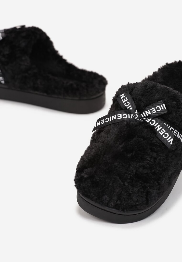 Czarne Kapcie z Futerkiem i Kokardką Balni