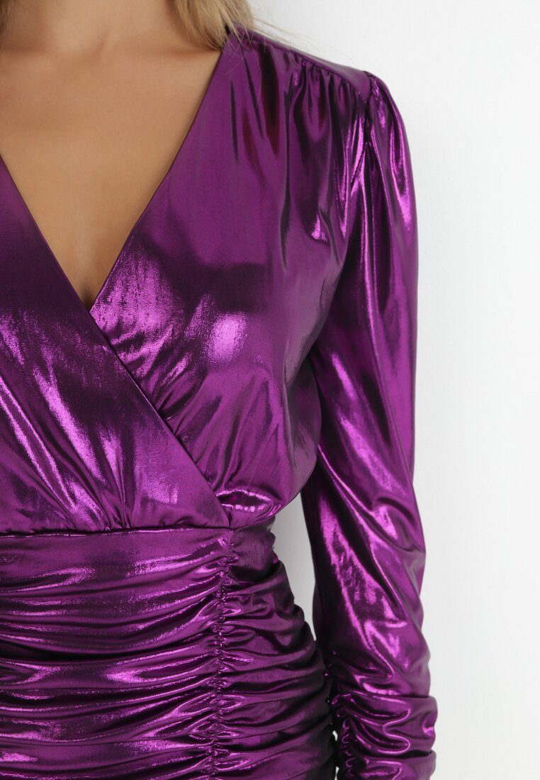 Ciemnofioletowa Sukienka Metaliczna z Marszczeniem Leilanie