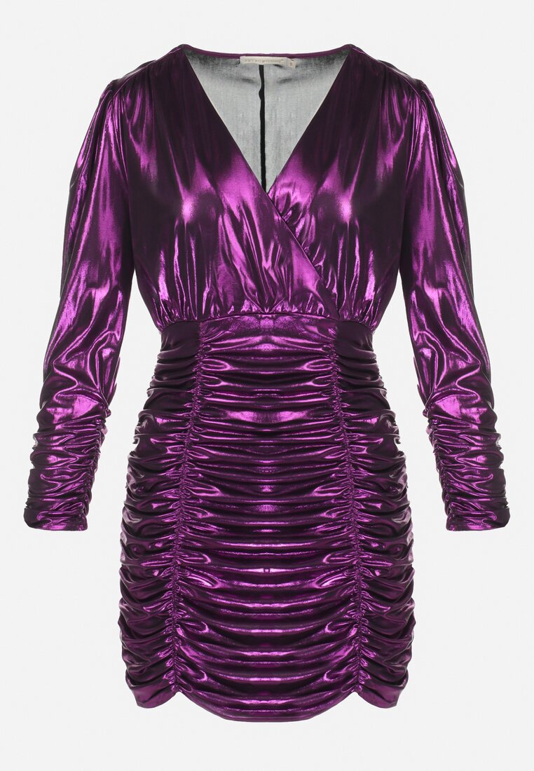 Ciemnofioletowa Sukienka Metaliczna z Marszczeniem Leilanie