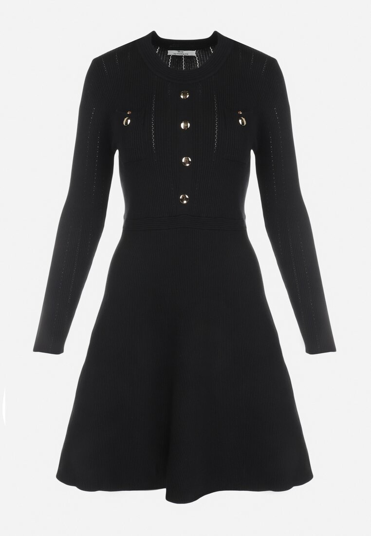 Czarna Sukienka z Prążkowanej Dzianiny Rozkloszowana Dazema