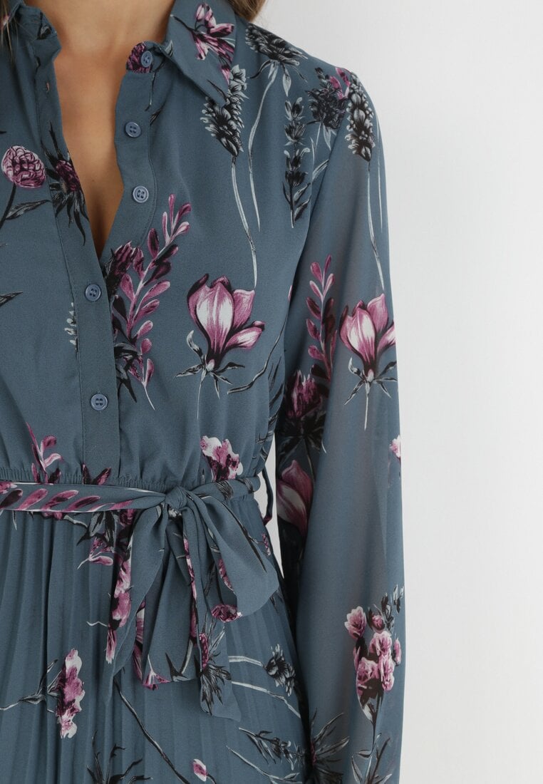 Granatowa Sukienka Plisowana w Kwiaty Curlina