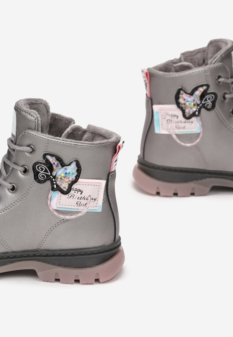 Szare Botki z Naszywkami Mocno Ocieplone Harniet
