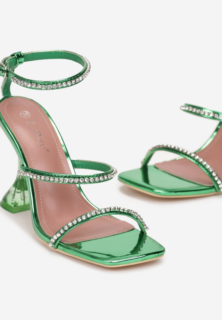 Zielone Sandały na Transparentnym Obcasie z Paskami z Cyrkoniami Verne