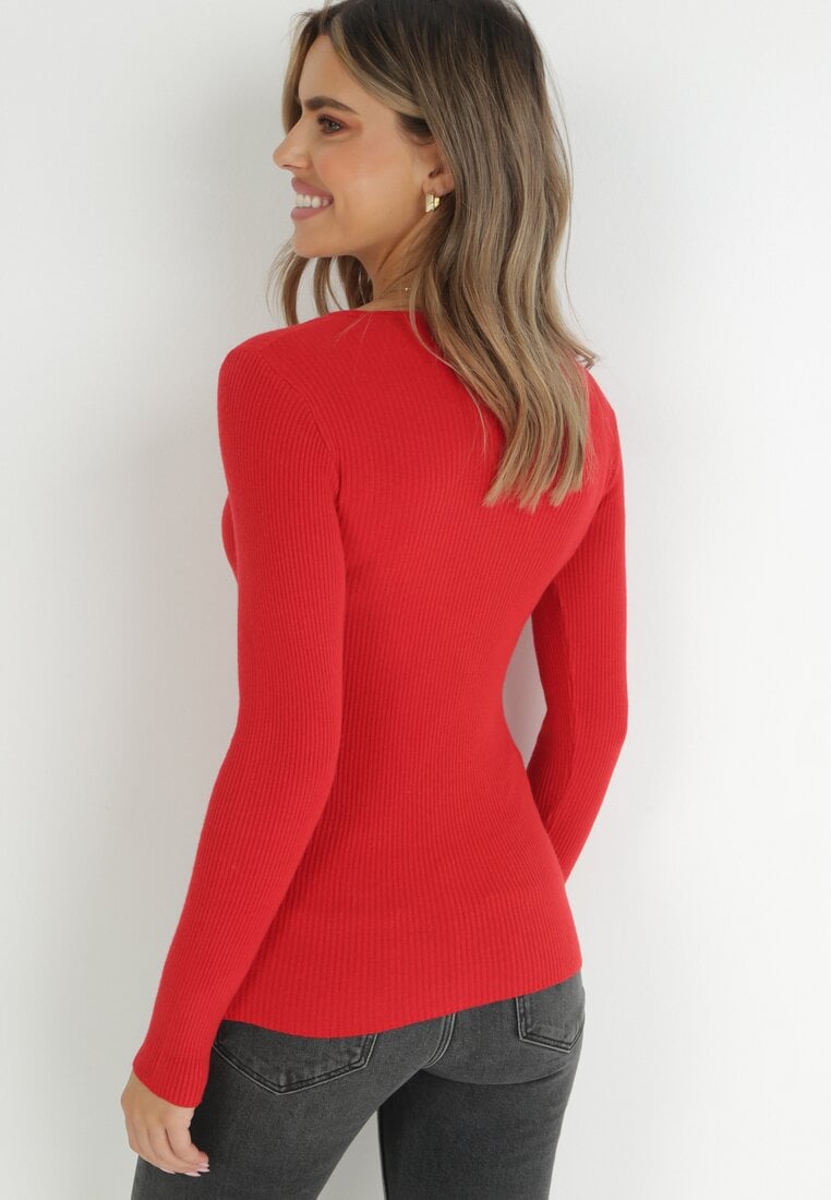Czerwony Sweter z Guzikami przy Dekolcie Manness