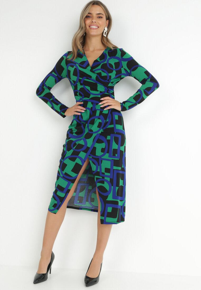 Zielona Sukienka Dzianinowa w Geometryczny Wzór Limo