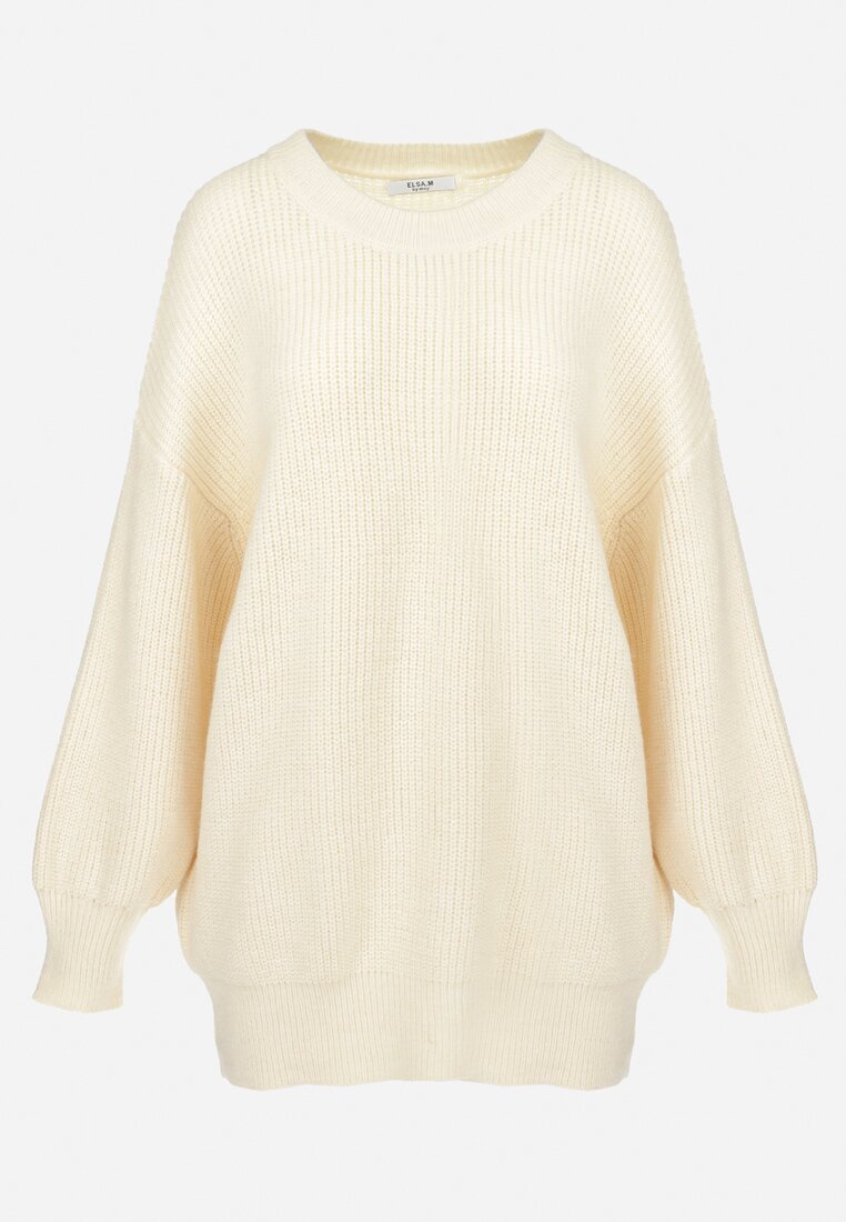 Beżowy Sweter Oversize z Okrągłym Dekoltem Ravo