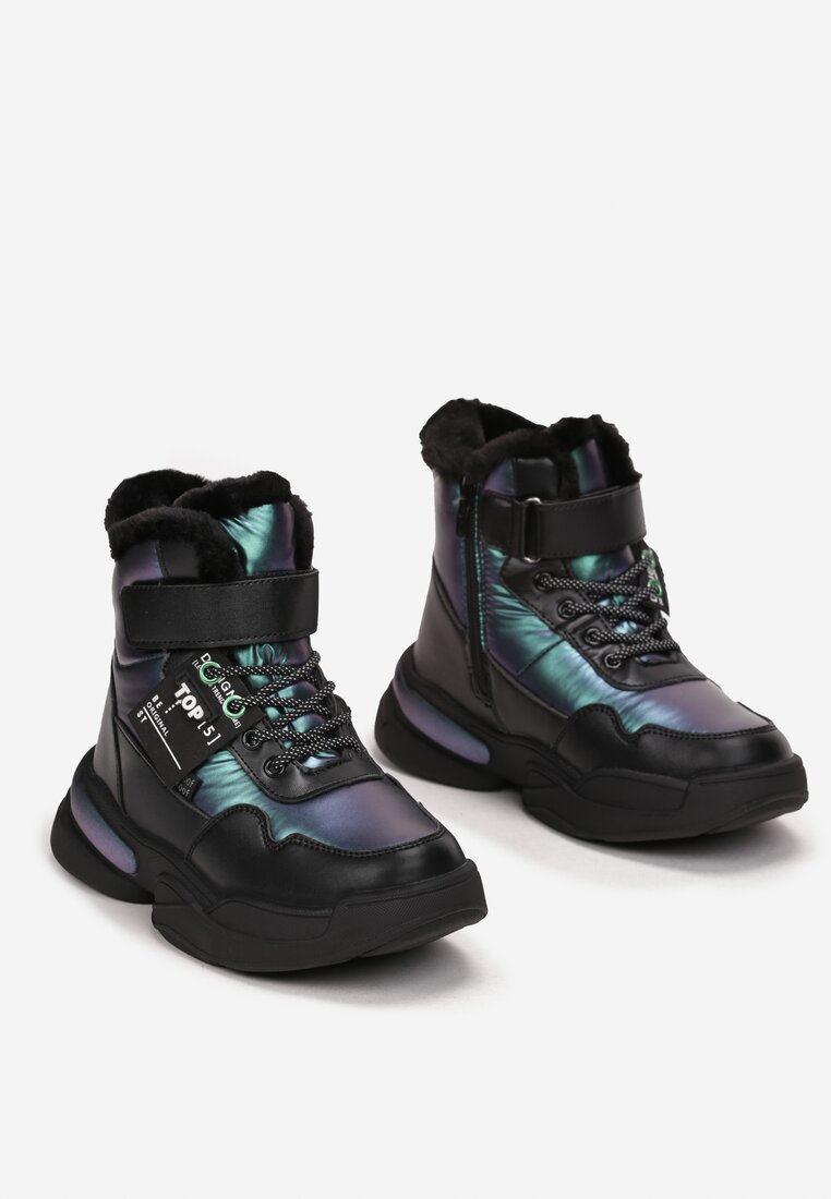 Czarno-Zielone Śniegowce na Grubej Podeszwie Mevna