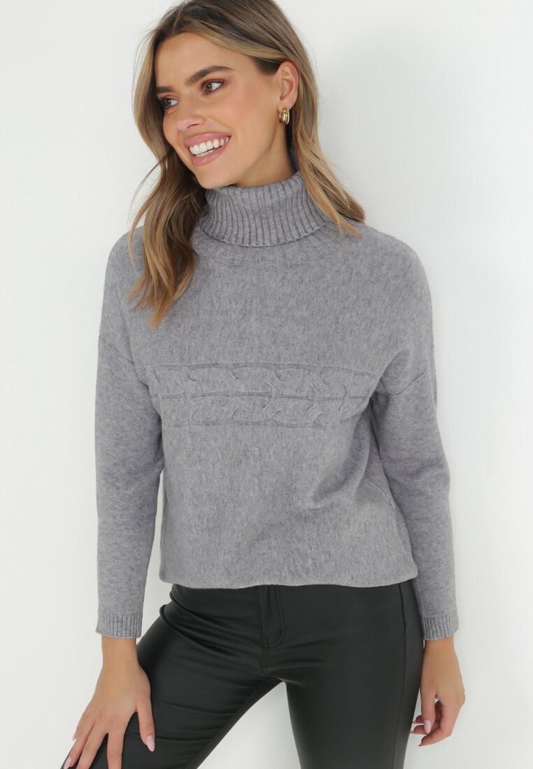 Szary Golf Oversize z Dekoracyjnym Splotem Beho