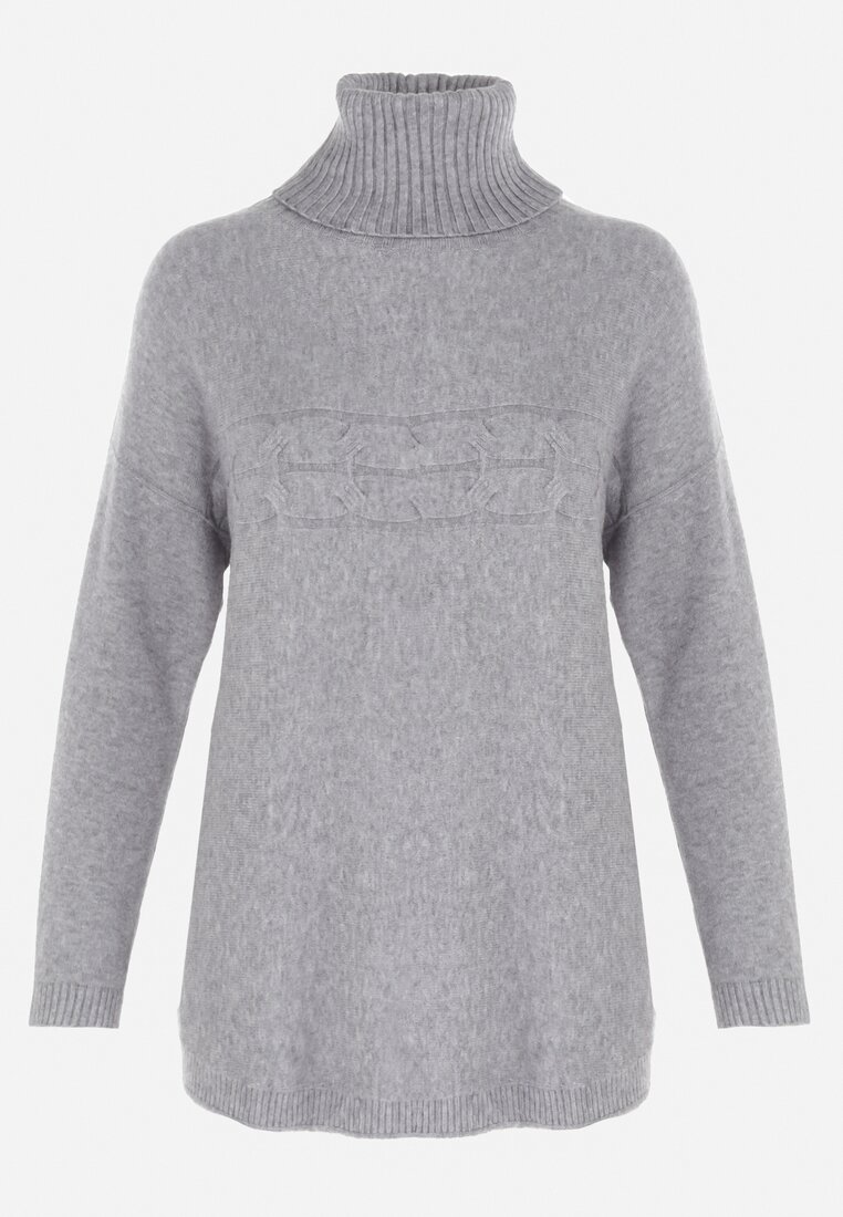 Szary Golf Oversize z Dekoracyjnym Splotem Beho