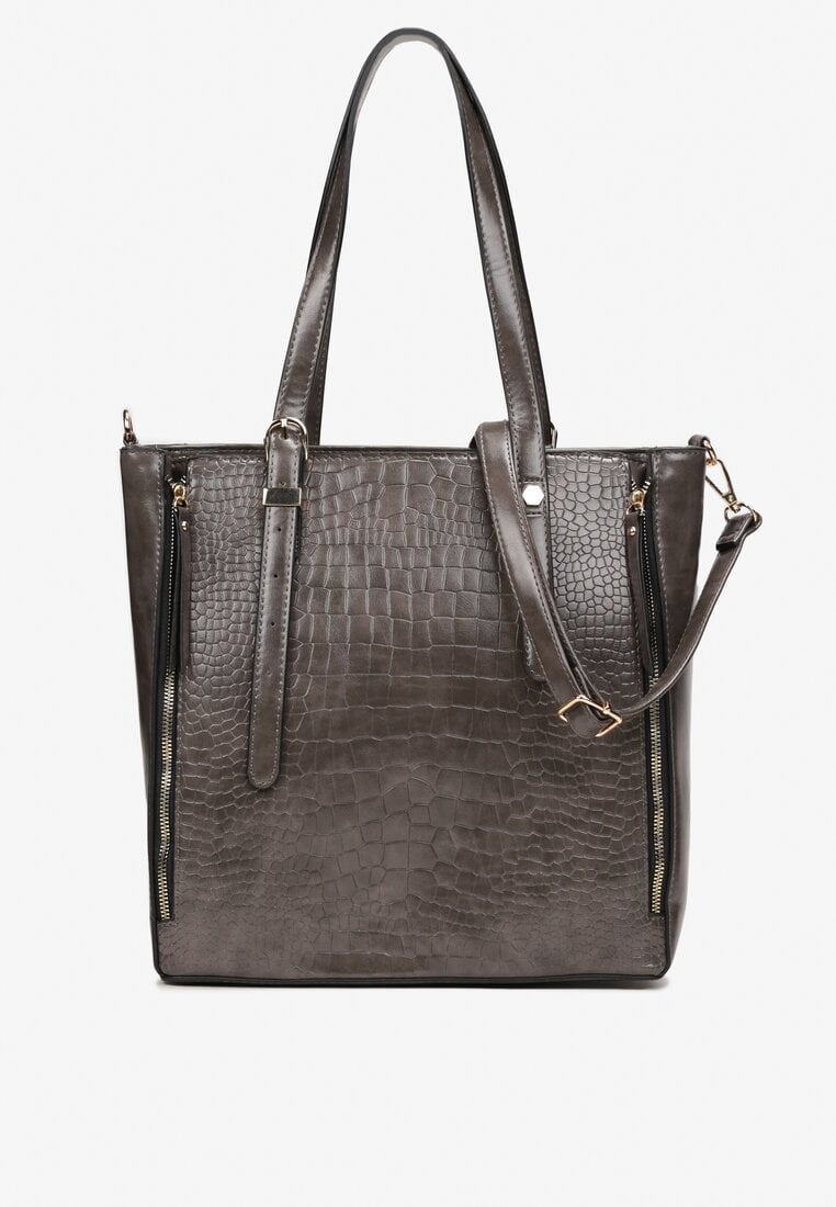 Szara Duża Torebka z Tłoczeniem Skóry Krokodyla Petreliy