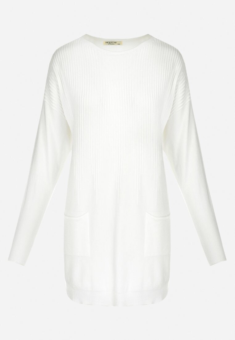 Biały Długi Sweter z Kieszeniami Mauvi
